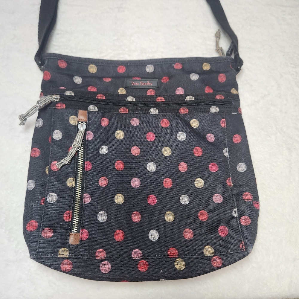 Vera Bradley Black Canvas Polka Havana Dots Crossbody Messenger Bag Multi Color